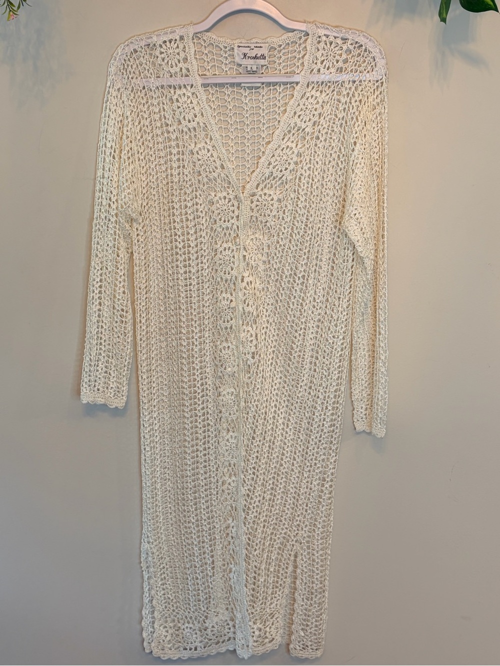 Boho Crochet Duster Cardigan Cream Open Knit Button Front Beachy Resortwear - Picture 2 of 7